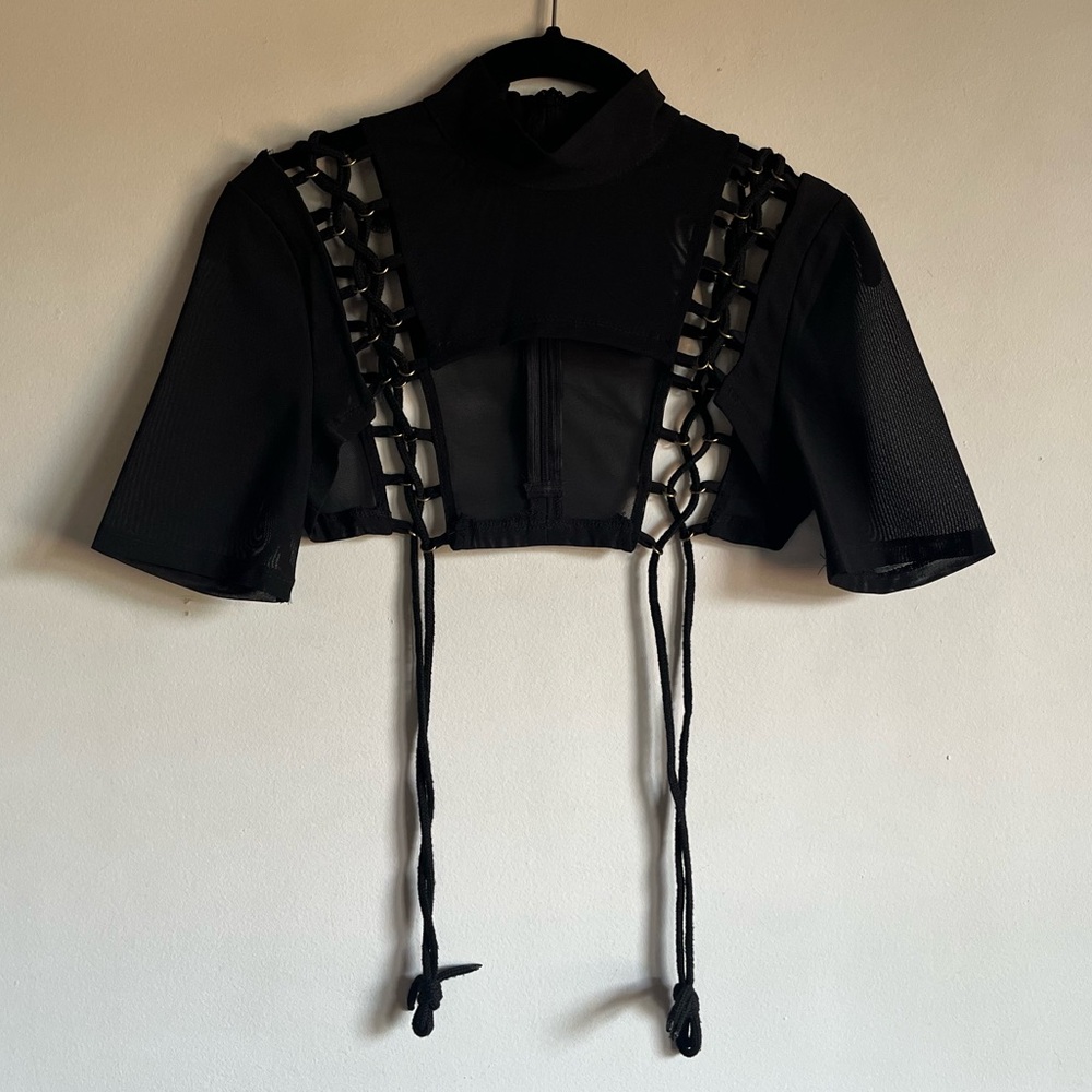 Fashion Nova Lace Up Crop Sheer Mockneck Top in Black Size Small